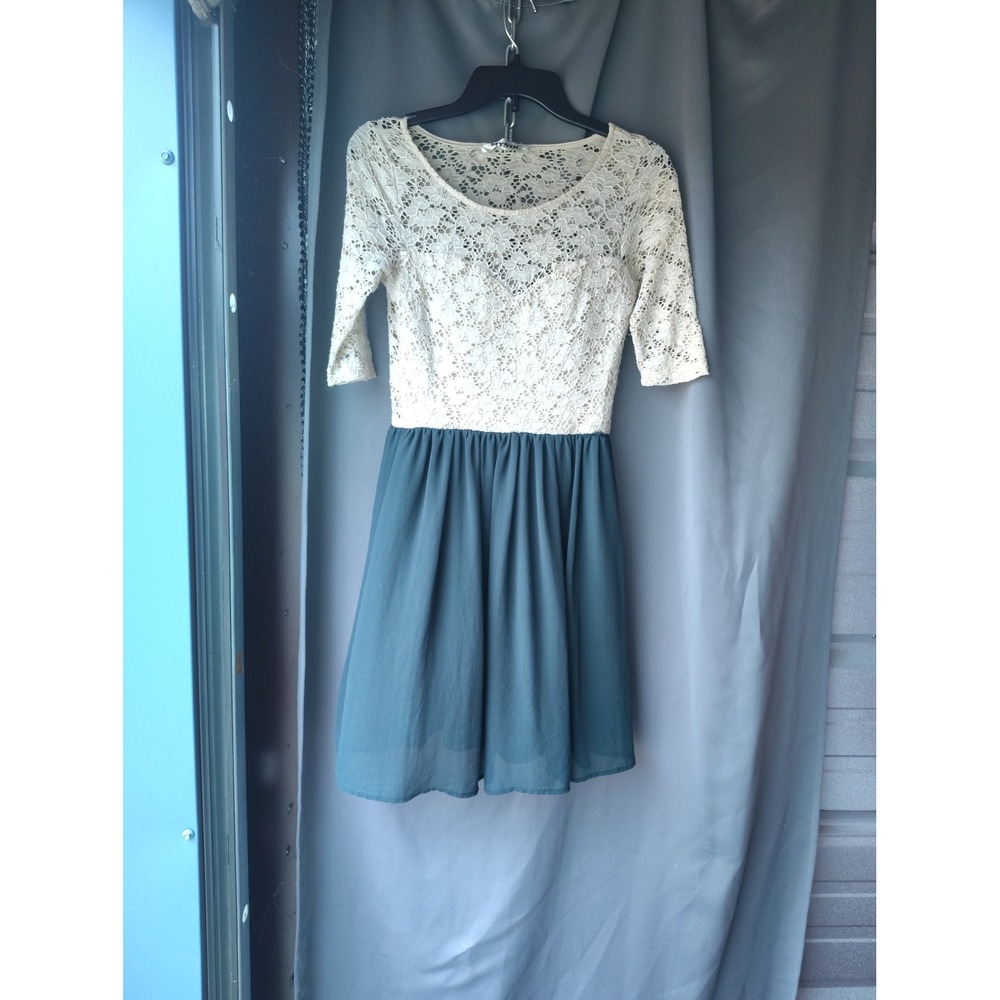 Mystic Womens Lace Chiffon Fit Flare Dress Teal Cream Elbow Sleeve Small D10750